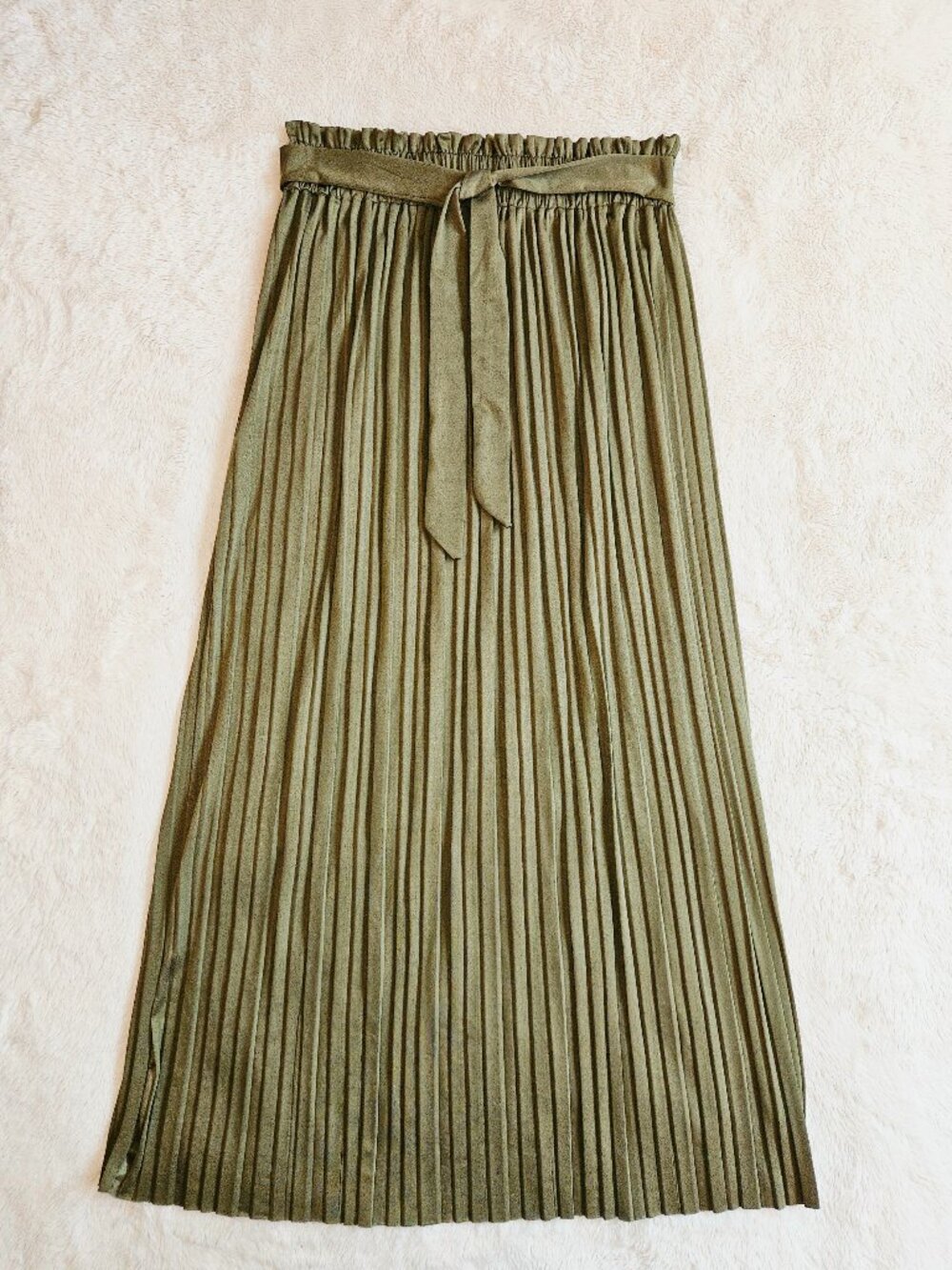 Shana Khaki Pleated Midi Skirt Elastic Waistband Ties Women's Size L